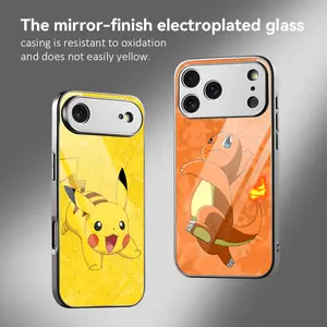 PIKPAKA Hot Cute P-Pokémon Phone Case For iPhone 17 16 15 14 13 12 Pro Max Plus Electroplated Metal Bumper Case Ultra-Slim Tempered Glass Back Shockproof Anti-Scratch Luxury Armor Fashion Case