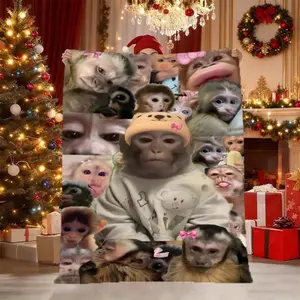 Soft and comfortable monkey patchwork bedspread - anti-wrinkle velvet blanket suitable for all seasons, cute monkey face print, warm blanket, ideal for Christmas, decoration