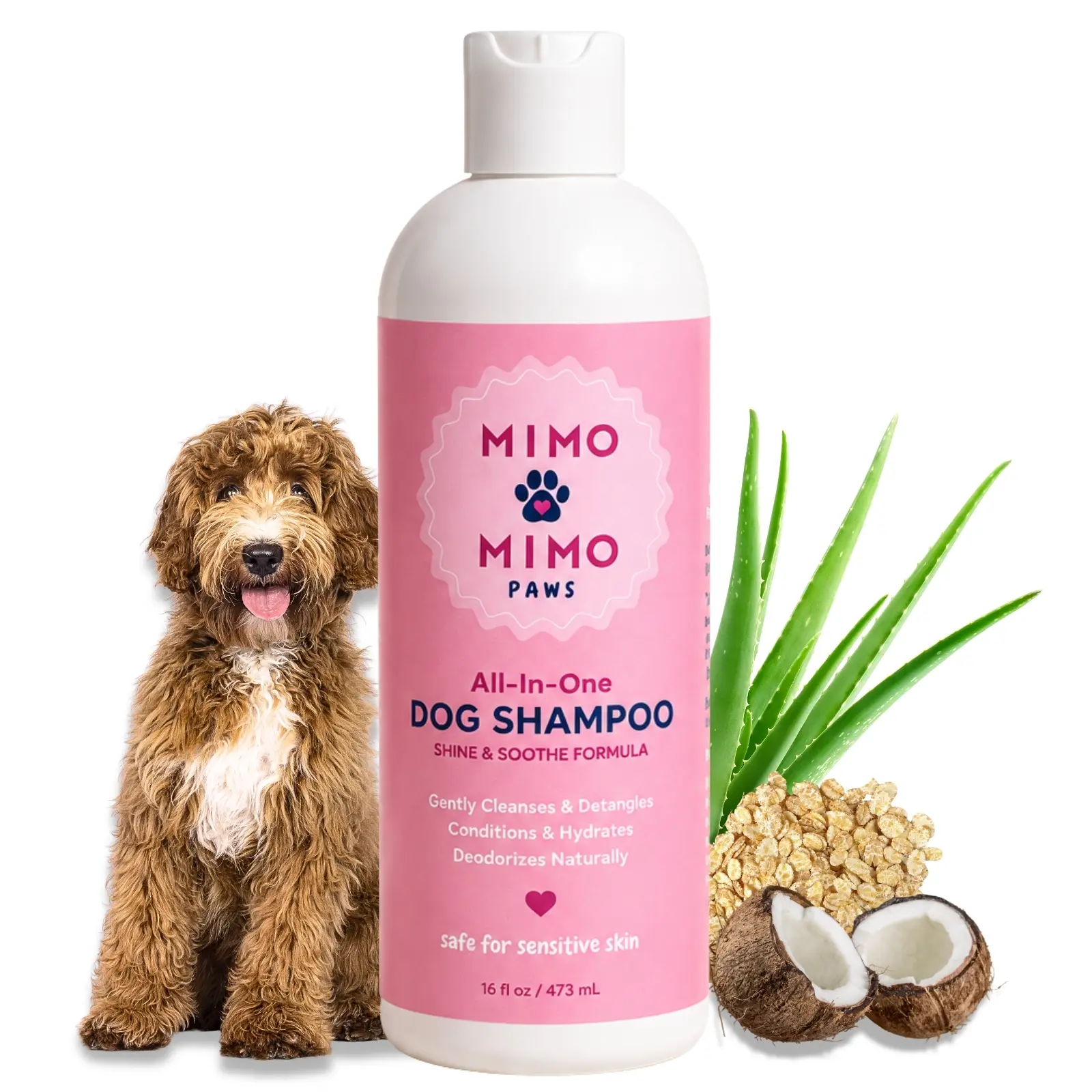 MIMO MIMO PAWS Dog Shampoo for Sensitive Skin | All-in-One Natural Dog Wash – Detangling, Hydrating & Deodorizing | Moisturizing, Sulfate & Paraben-Free Grooming Formula, 16 fl oz, Made in USA