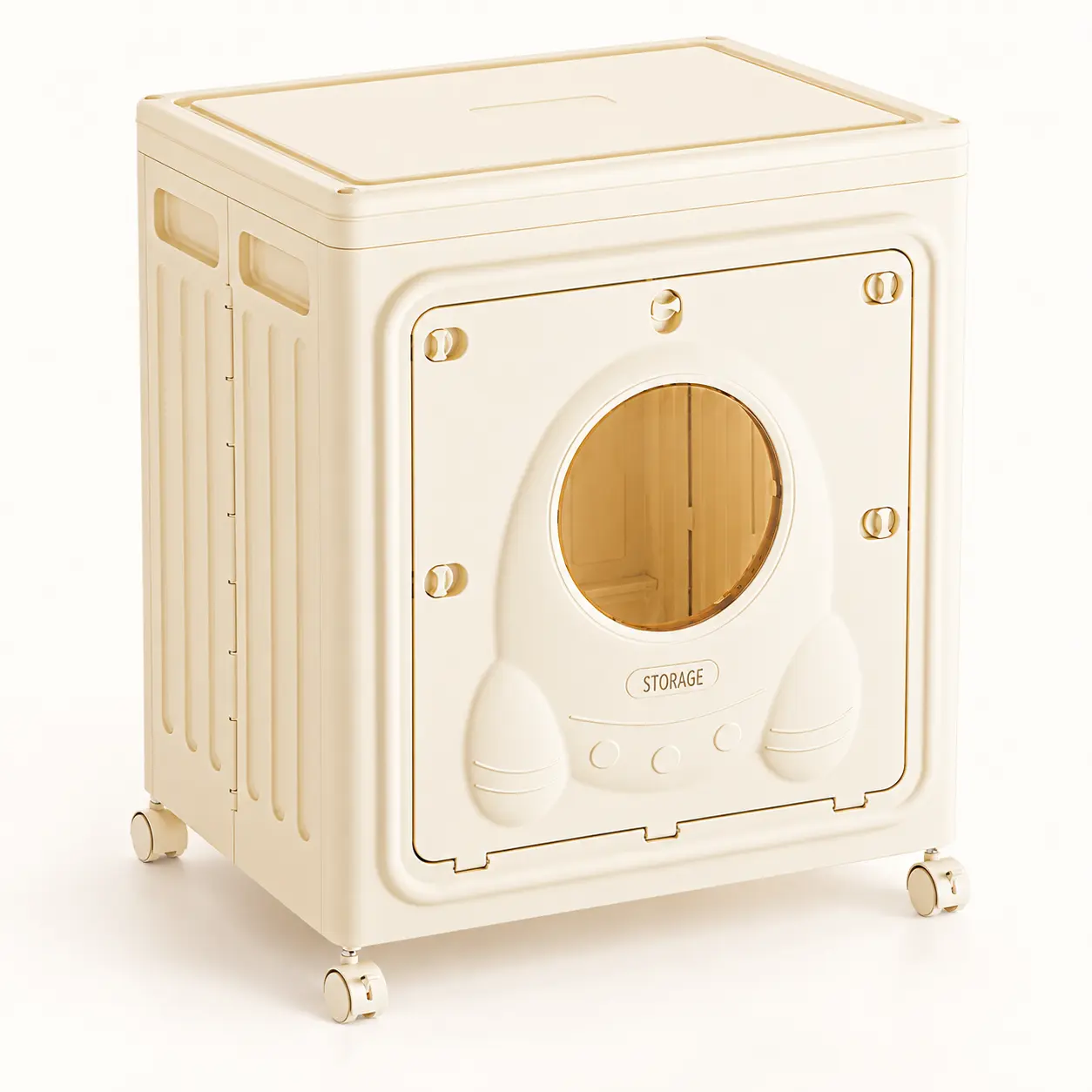 150L Collapsible Storage Box with Lid, Front Door, Lockable Wheels & Window, Stackable Home Organizer for Toys, Clothes, Cream White