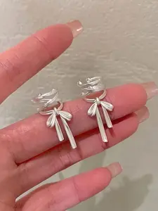 Minimalist Ribbon Bow Clip-On Earrings for Women, Synthetic Zirconia, Cool Ballet Style, Fashion Jewelry, Perfect for Autumn Party Jewelry Gifts