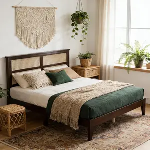 Queen Size Rattan Bed Frame with Rattan Headboard,Solid Wood Foundation,Noise-Free, Easy Assemble,No Box Spring Needed,Espresso