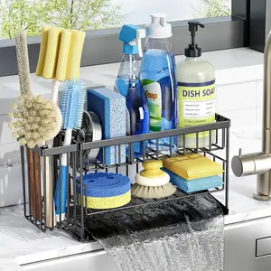 2-Tier Kitchen Sink Caddy Organzier with Flexible Dish Brush Holder, Sponge Holder for Kitchen Sink Countertop Organization Storage,Home Decor Accessories Essentials Stainless Steel Organiser Rack