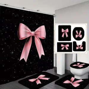 1/4-piece set: Creative black and pink bow pattern design bathroom shower curtain and mat set, includes 12 hooks, non-slip bathroom mat, non-slip toilet U-shaped mat, toilet seat cover, bathroom partition, modern home decor.