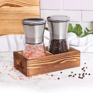 Salt and Pepper Grinder Set with Wood Tray, Glass and Stainless Steel