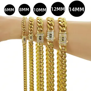 6-14mm Stainless Steel Cuban Miami Chain Necklace for Unisex S Logo Cubic Zircon Bling Iced Out Link Chain Rapper Hip Hop Jewelry