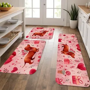 Valentine's Day Dog Kitchen Mats for Floor, Cute Dachshund Love Pattern Cushioned Comfort Washable Non Slip Decor Rugs for Kitchen Sinks Laundryroom