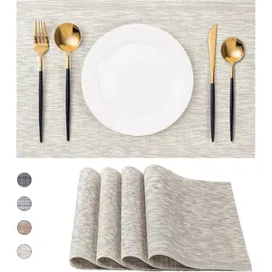 Placemats Set of 4 Washable Indoor/Outdoor Vinyl Place Mats for Dining Table Durable Non-Slip Heat Resistant PVC Weave Table Mats(Beige)