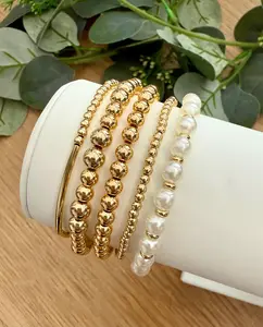 14k Gold Filled Stacking Bracelets: Pearl Beads, Adjustable Sizes - Stretchy, No Clasp Design