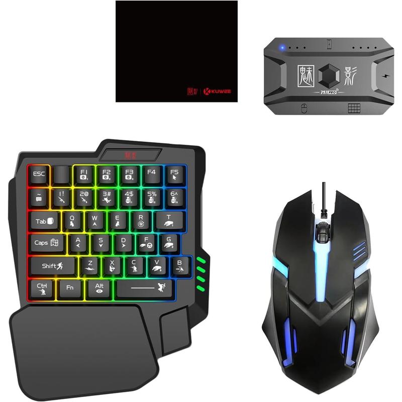 Mobile Gaming Keyboard and Mouse Set with Converter, One-Handed RGB Backlit Gaming Keyboard, Wired Gaming Mouse, Mouse Pad for Android iOS Phones, Perfect for PUBG Mobile, FPS Games - All-in-One Gaming Kit for Smartphone Gamers