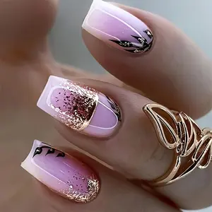 96pcs short Press on Nails 4-pack Medium Colorful Ombre Nail Wearable Fake Nails Square Nails Sweet Cool Ins style Fake Nail White French Golden pink leaf Ombre Color Gradient Ombre Nail Art Press on Nails for Women and Party Wearable Nails Fg367