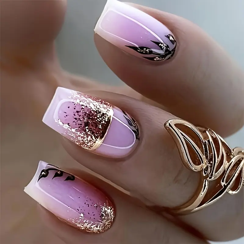 96pcs short Press on Nails 4-pack Medium Colorful Ombre Nail Wearable Fake Nails Square Nails Sweet Cool Ins style Fake Nail White French Golden pink leaf Ombre Color Gradient Ombre Nail Art Press on Nails for Women and Party Wearable Nails Fg367