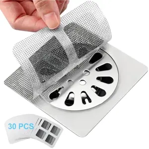 30PCS Disposable Drain Hair Catcher Stickers, 4"x4" Strong Adhesive Mesh Covers, Easy Install & Removal for Shower, Kitchen & Laundry