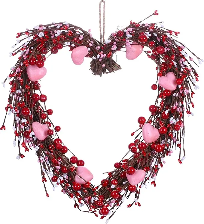 Heart Shaped Valentine’s Day Wreath with Red Berries and Small Pink Hearts - 15 Inch