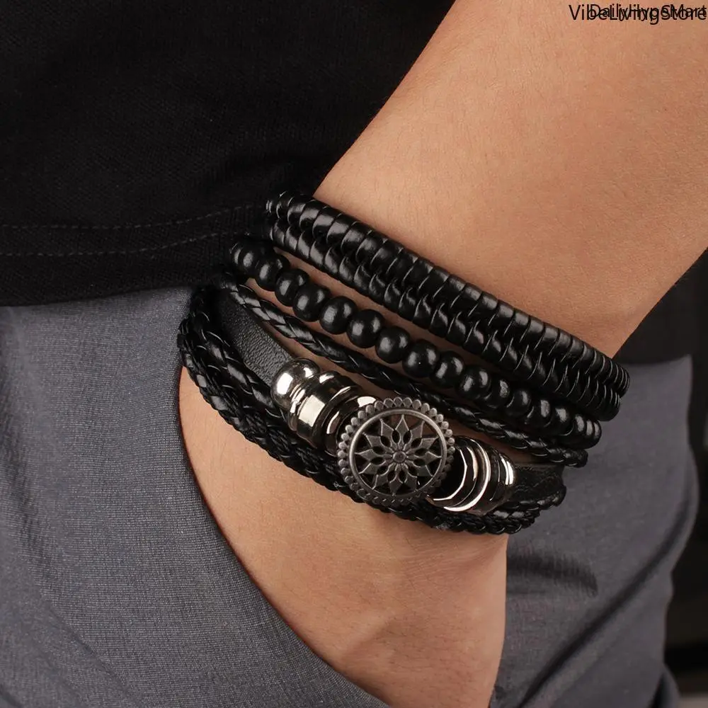 Men's Braided Leather Beaded Bracelet Pack - Vintage Tribal Rope Link Wristband with Wood Beads, Rudder Charm, Stylish Fashion Accessory for Anniversary Gifting, Beaded Bracelets, Rope Link Bracelet
