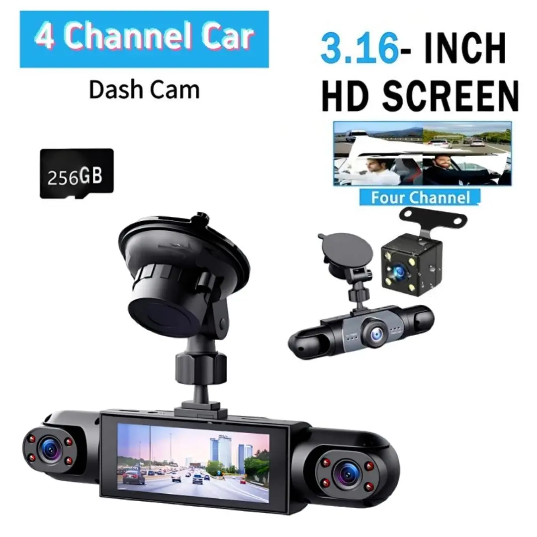 360° Full View Dash Cam Front and Rear Inside, 4 Channel Dashcam 1080P Full HD Dash Camera for Cars with Infrared Lamps Night Vision G-Sensor, Parking Mode, Large Storage Capacity Memory Card