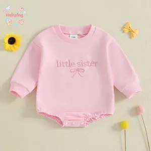 Baby Girl Romper, Long Sleeve Crew Neck Bow Letter Embroidery Bodysuit Fall Outfit