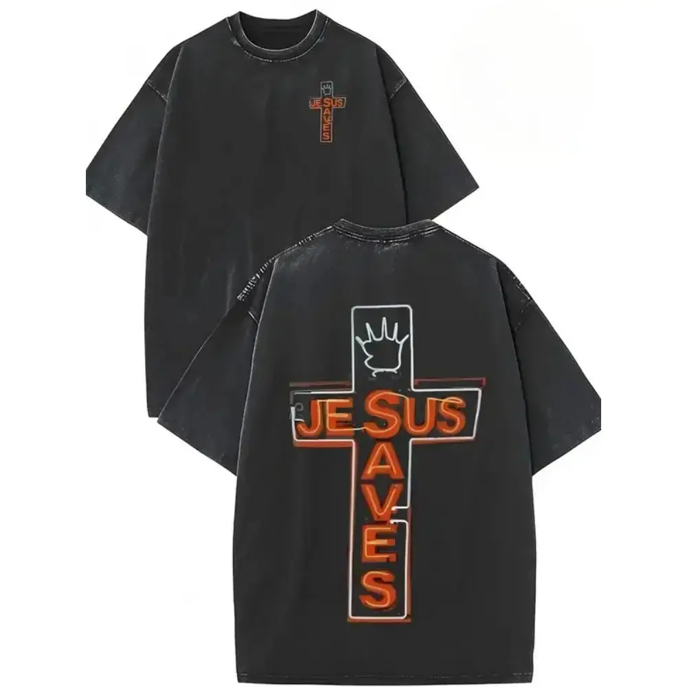 Men's Double-Sided Washed Jesus Saves Graphic Batik Cotton T-Shirt - Stylish Vintage Streetwear Tee, Loose Round Neck Short-Sleeve, High-Quality Christian Holiday Gift, All-Season Casual Menswear Top, Machine & Cold Washable, Tshirt