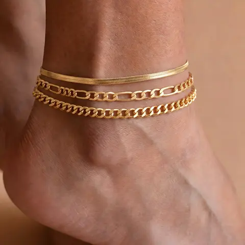 FREEKISS Gold Cuban Anklet Set, Cuban Chain, Women's Multi-Layer Anklet, Women's Anklet, Fashionable Everyday Accessory, Waterproof Jewelry Gift FallDealsForYou BlackFriday