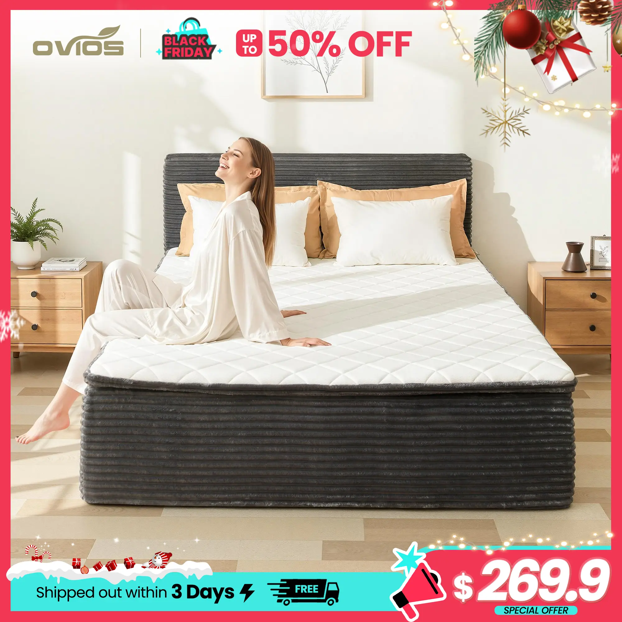 【Family Fun】Ovios Queen Size Memory Foam Mattress with Removable Headboard, 17" Sofa Bed Full Mattress, Individually Pocketed Springs, Pressure Relief, Motion Isolation, Provides Support, CertiPUR-US Certified - No Assembly Required