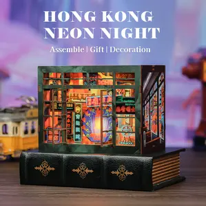 CUTEBEE DIY 3D Book Nook Kit Hongkong Neon Night – Miniature Wooden Night Streetscape with LED Light, Handmade Tiny House Decor | Holiday, Christmas and Black Friday Gift