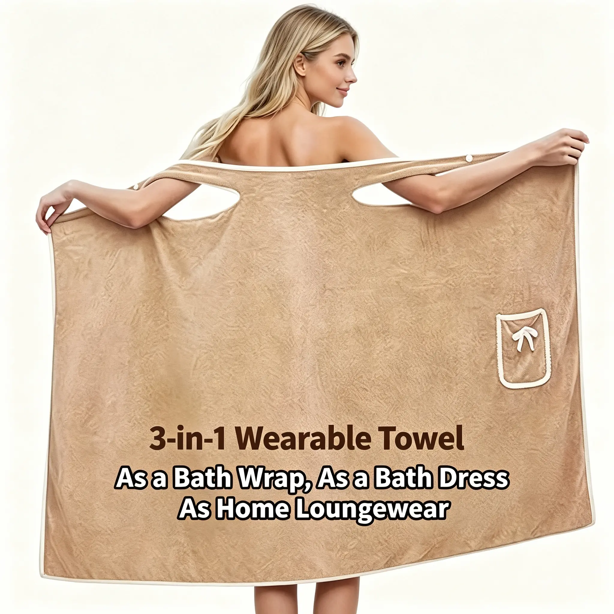 Wearable Bath Towel for Women, Microfiber Coral Fleece Bath Wrap with Arm Holes, Soft Absorbent Wear‑After‑Shower Bath Blanket