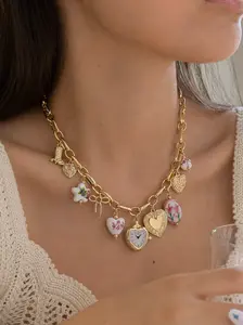 Boho Floral Heart, Pink Ceramic & Watch Charm Necklace & Bracelet – Gold Coquette Jewelry (Buy Together Or Seperately)