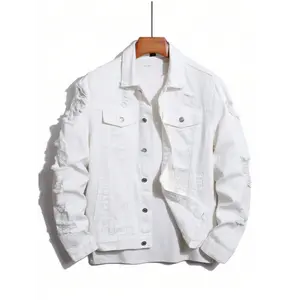 Streetwear men's denim jacket fashion brand with holes worn out men's jacket outdoor casual fashion loose white men's top