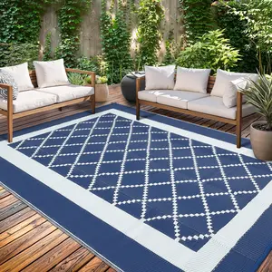 Modern Diamond-patterned Geometric Double-sided Plastic Straw Rug Reversible Waterproof Outdoor Rug for Decks RVs Picnics Beaches Balconies and Porches UV Protection Easy to Clean