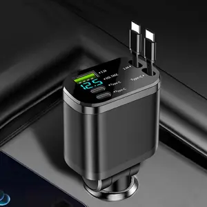 USB C Retractable Automotive Car Charger, Digital Display Voltage Detection, Car Charger Type C Cell Phone Charging Mobile Phone Charger Retractable Cable For iPhone 16 15 14 Samsung