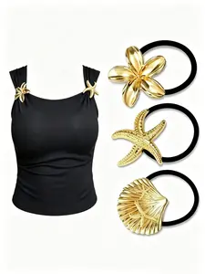 3Pcs Gold Ocean Hair Ties Set /Clothing Decor For Women- Starfish, Plumeria & Seashell Elastic Ponytail Holders, Viral TikTok Beach Hair Accessories