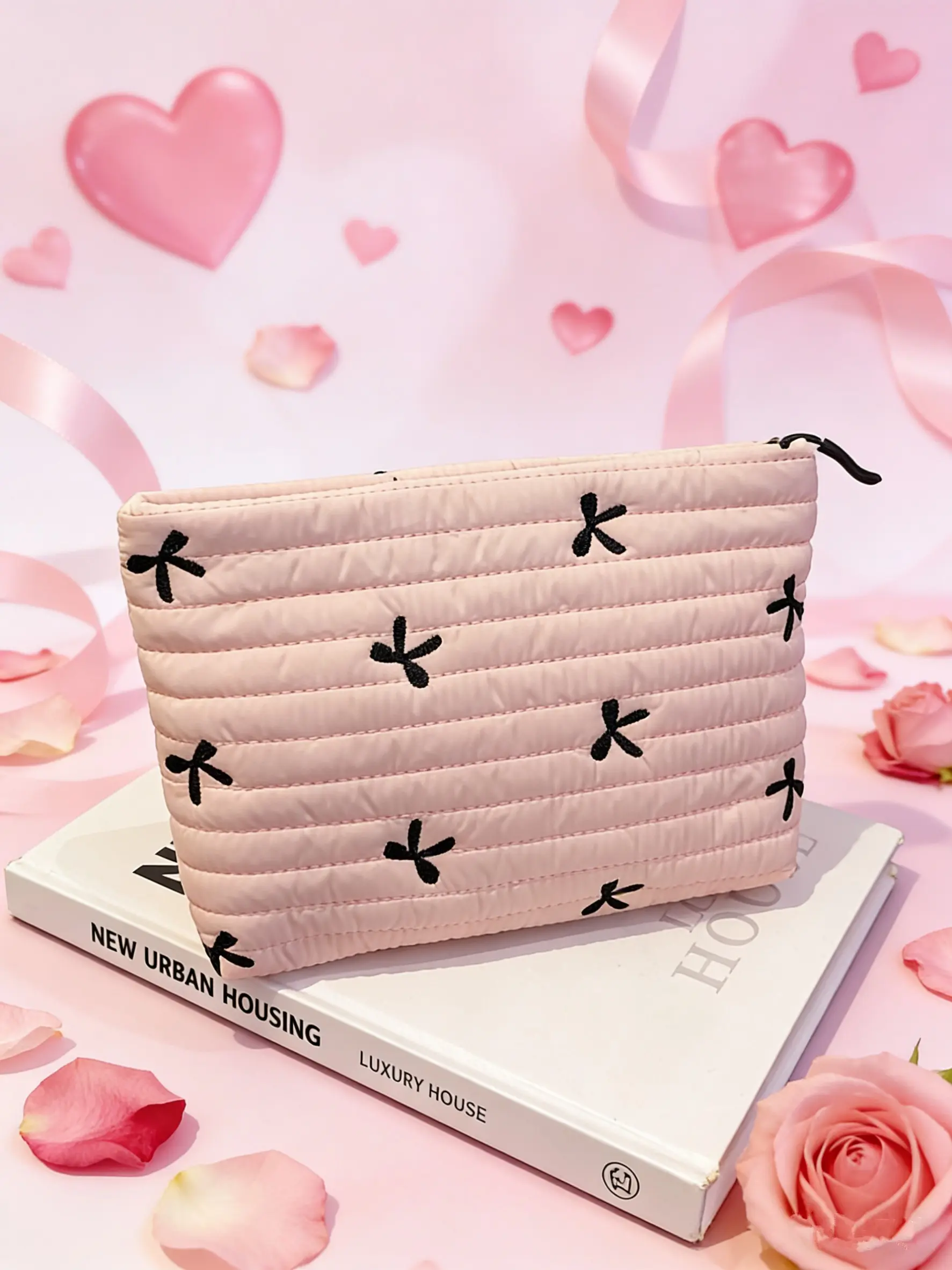2026 New Quilted Embroidered Bow Handbag, Large Capacity Zipper Travel Storage Bag, Multi functional Portable Women's Bag, Toiletry Bags, Travel Beauty Bag, Travel Cosmetic Bags, Cosmetics Bag, Makeup Bags, Valentine's Day Limited Gift, Travel Accessory