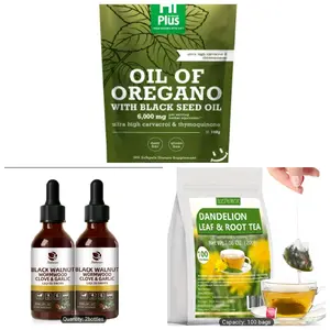 oil of oregano soft gels, black walnut wormwood, drops and dandelion root tea.