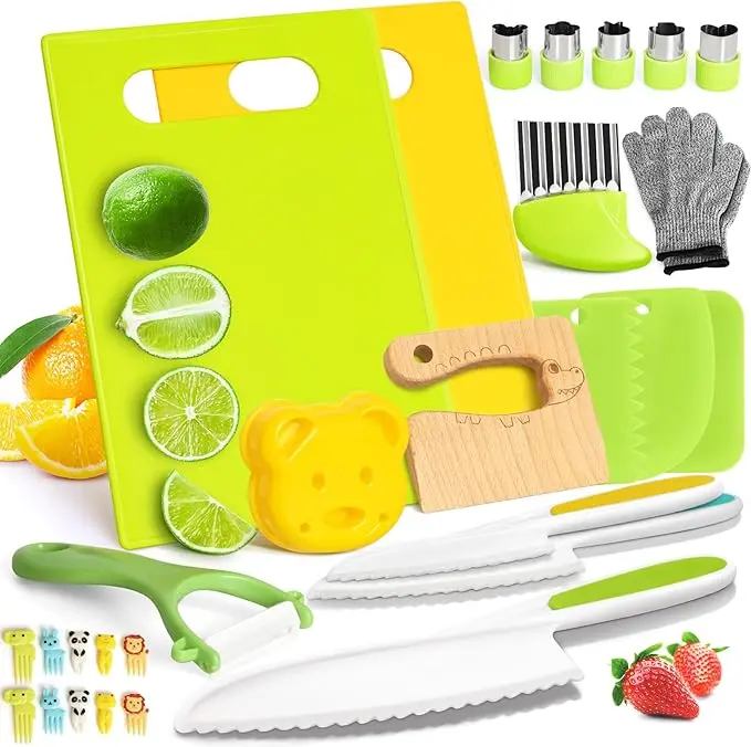 17/28-Piece Montessori Toddler Knife Set – Real Cooking Knives for Kids, Including Safe Cutting Kitchen Knives and Toddler-Specific Tools, Montessori Kitchen Tool Kit, Children's DIY Creative Set, Pretend Play Toy, Family Gift, Summer Vibes