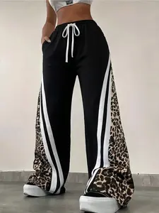Women's Leopard Print Casual Loose Adjustable Drawstring Pants, Striped Relaxed Pocket Trousers, Unisex Street Style Long Pants