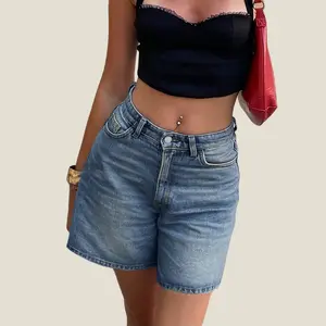 Washed Denim Jorts Y2K Street Vintage Slant Pockets Cat Whiskered Wide Leg Bermuda Jeans Daily Casual Comfy Summer Vacation Shorts For Women Fit Blue