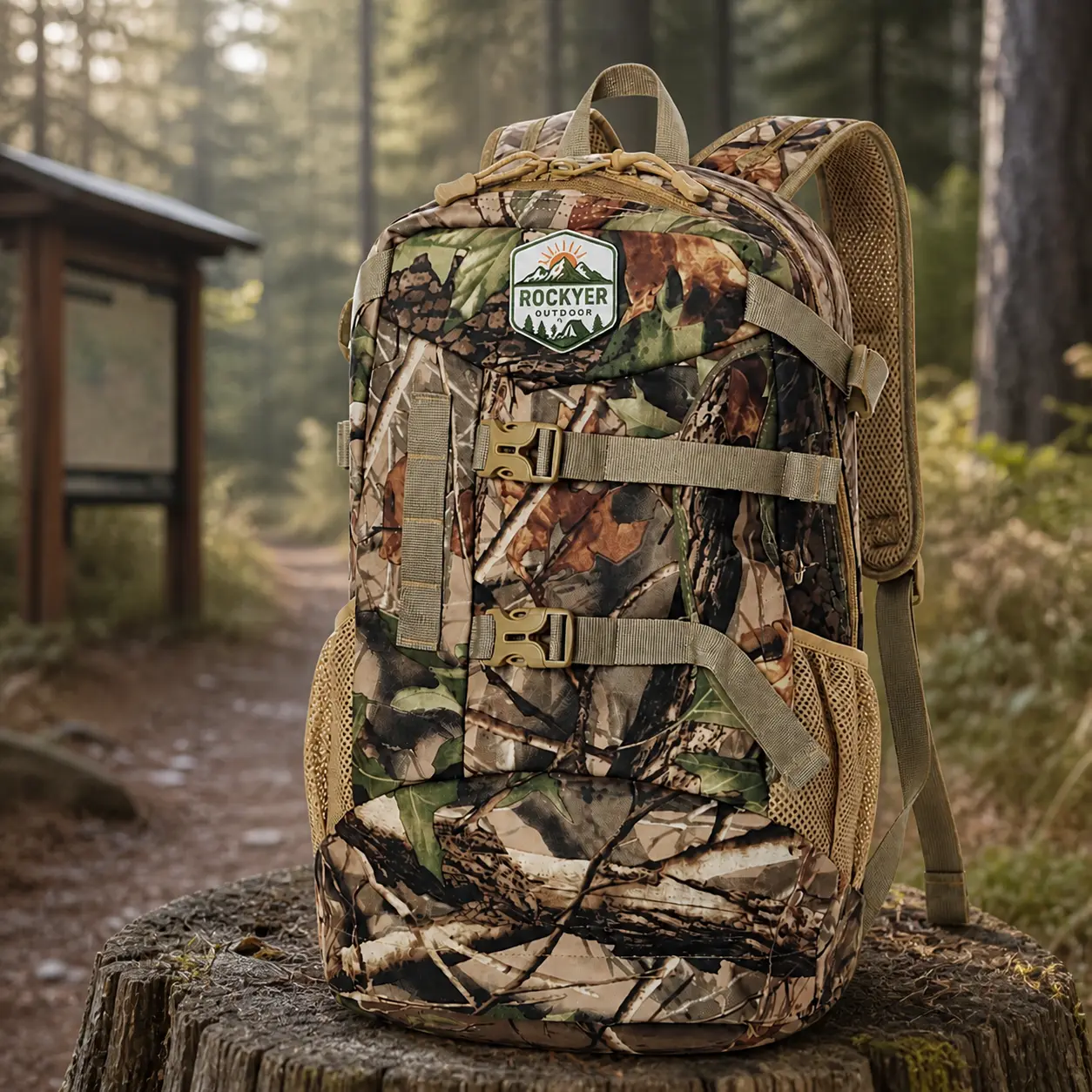 Unisex 30L Camouflage Outdoor Backpack - Woodland Camo Hunting Pack with Adjustable Shoulder Straps, Compression Straps, Mesh Side Pockets, Mesh Panels for Hiking, Camping