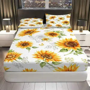 3Pcs Sunflower Floral Nature Fitted Sheet Three Piece Set (1*Fitted Sheet+2*Pillowcases, Coreless), Summer theme, Decorative Bedding Set, Decorative Bedsheet Sets, Mattress protector Soft, Breathable