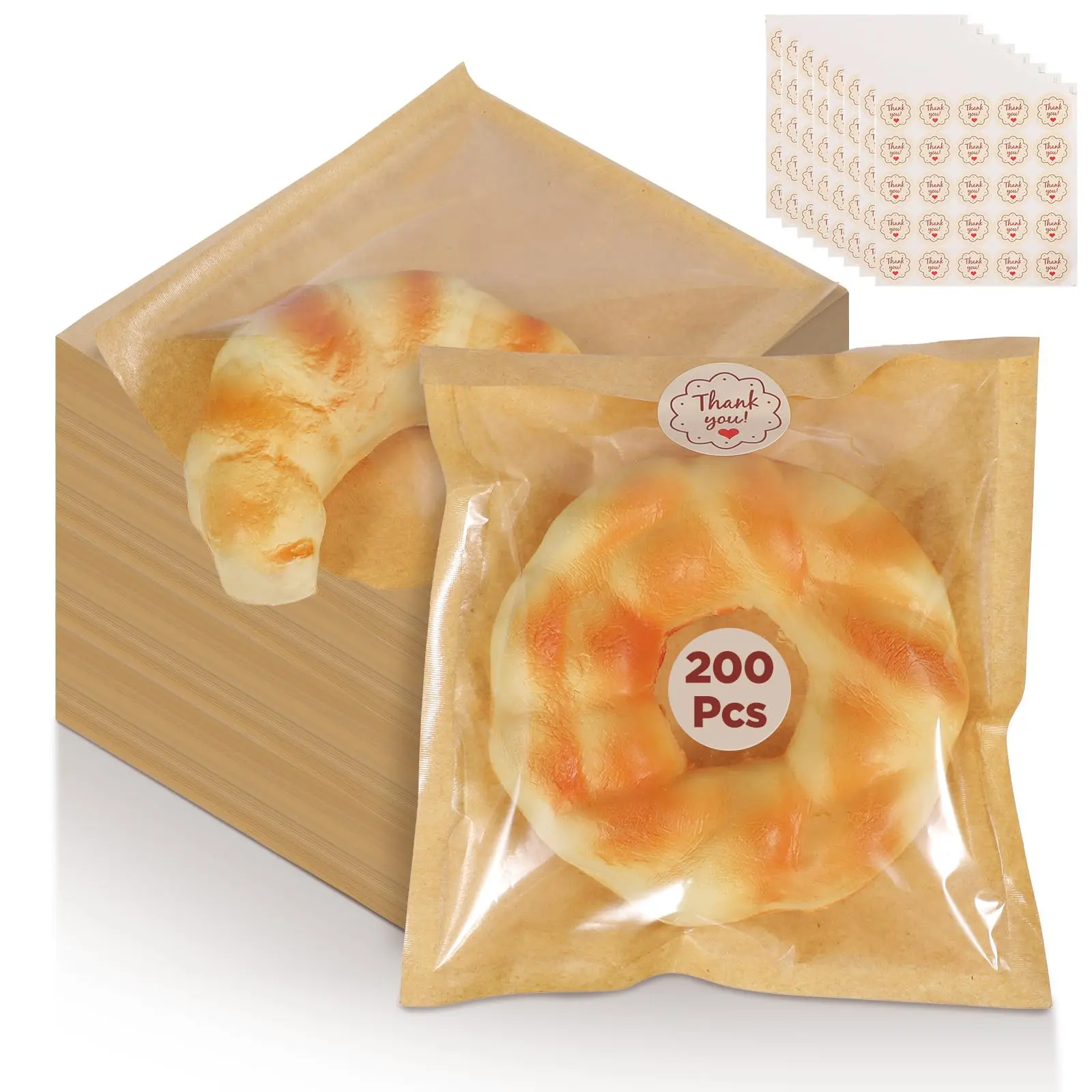 200 Pack 5.7x6.5 Inch Heat Sealable Cookie Bags With Window  Paper Grease Resistant Bakery Seal For Donuts Cake Slices Brownies Sandwich Bread