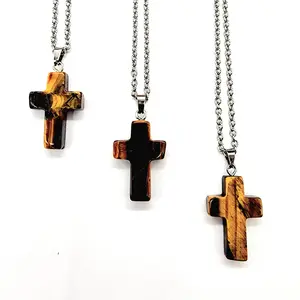 Tiger Eye Cross Necklace // Stainless Steel Chain