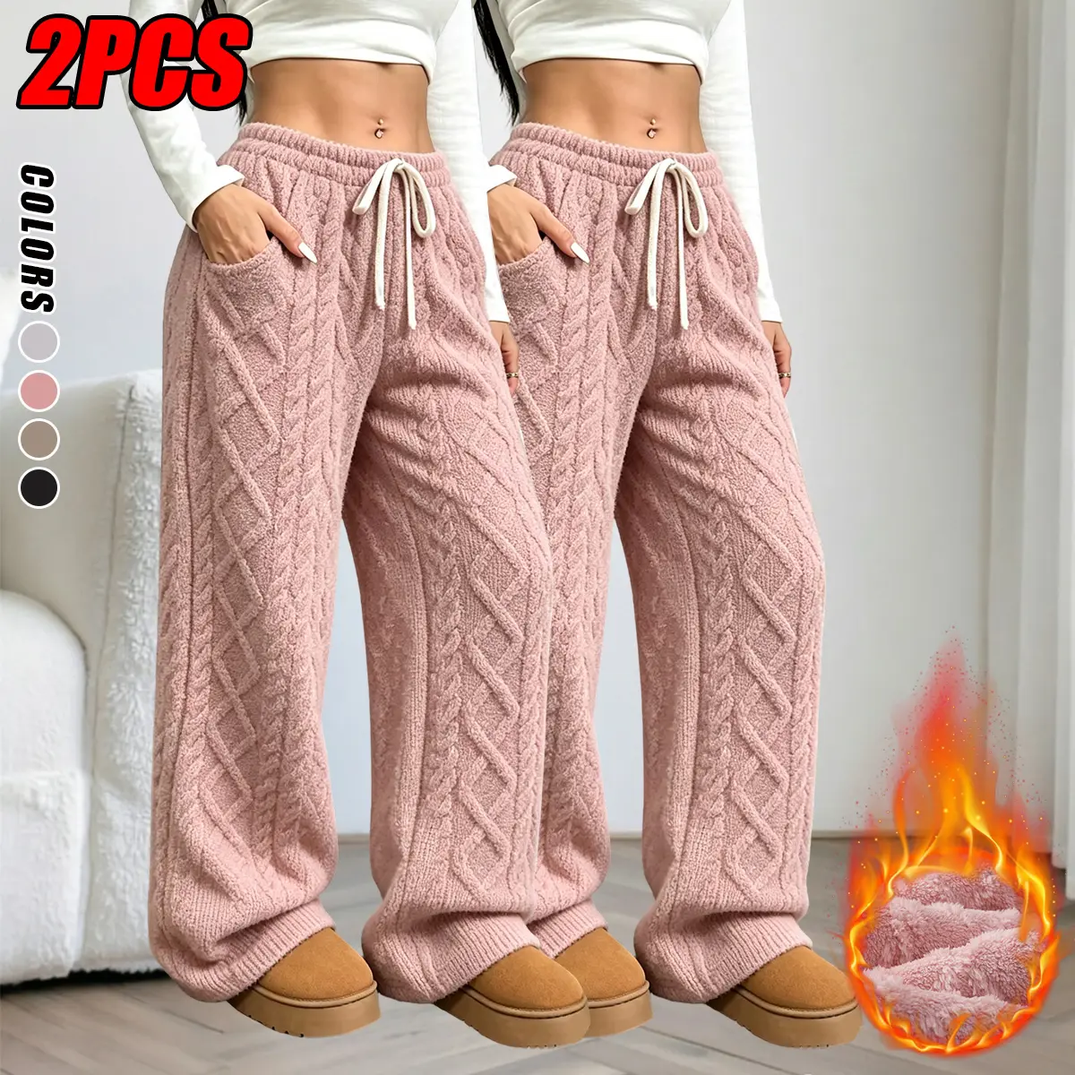 Women’s 2-Pack Winter Warm Polyester Fleece Pajama Pants - Plus Size Clothes, Full Length, Loose Fit Relaxed Cut Sleepwear, Soft Comfortable Casual Loungewear for Bed