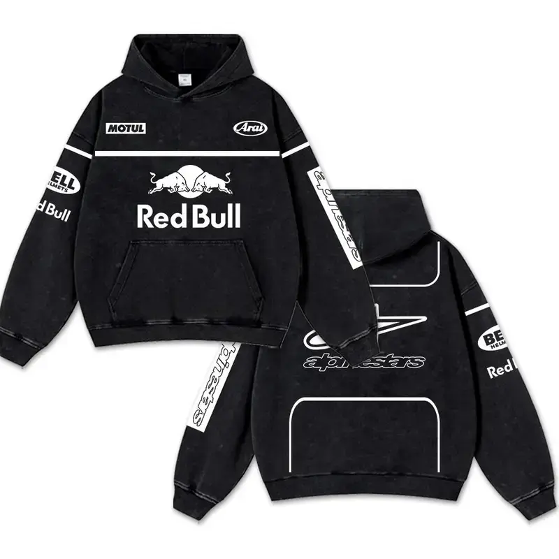 Retro White Red Racing Washed Hoodie Motor World Champion Enthusiast Streetwear Racing Team Super Motorsports Clothing Motobike Riders Supermotor Off-Road Dirt Bike Fan Gear Cotton For Motor Fan Relaxed Fit Breathable