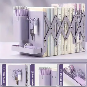 Expandable Book Stand with Pen Holder, Durable Multifunctional Design, Space-Saving Desk Accessory for Books & Pens