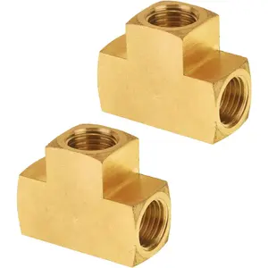1/4'' Barstock Tee Fittings, 1/4" Inch NPT Female Brass Pipe Fittings, 1/4'' NPT Female Brass Barstock Tee Fittings for Air Compressor, Gas Line (2-Pack)