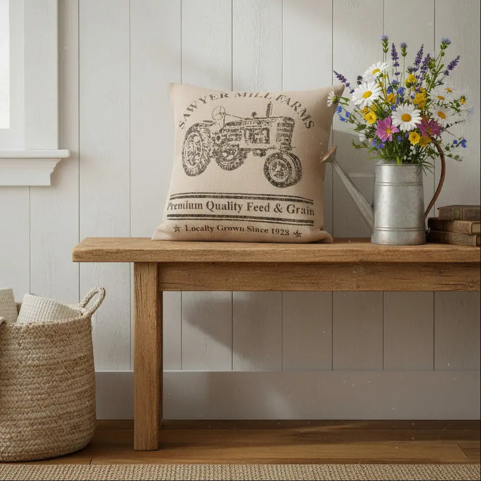 Farmstead Charcoal Tractor Pillow