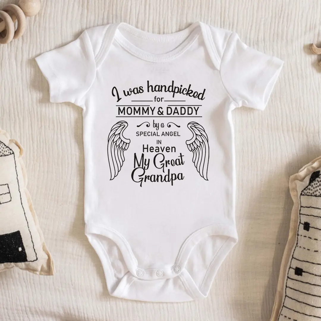 Soft Fitted Envelope 100% Cotton Newborn Boys' Bodysuit - 0-3 Years All Seasons Romper Top with "I Was Handpicked For Mommy & Daddy By A Special Angel in Heaven My Great Grandpa" Print, Buttons, Refer to Size Chart