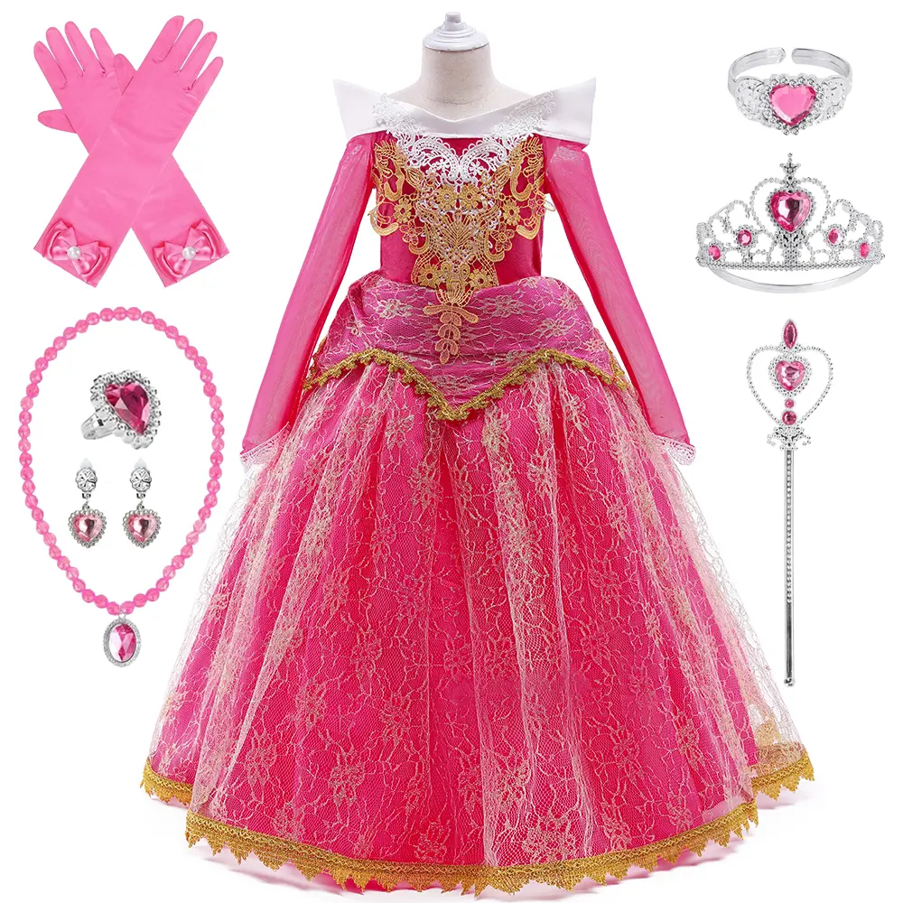 Girls' Princess Long Sleeve A-Line Ball Gown - 8pcs with Accessories, Pink/Blue 026 Cartoon Look Cosplay Costume, 2-10Y for Carnival Performance, Holiday Cocktail Events, Long Sleeves