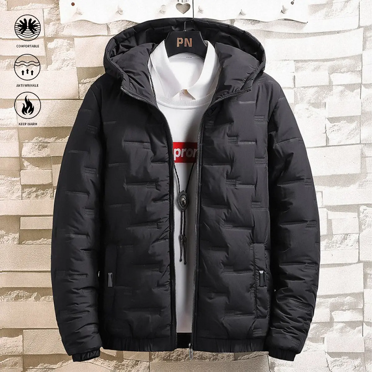 Men’s Basic Plain Hooded Quilted Padded Jacket - 100% Polyester Zip-Up Foldable Lightweight Wind-Resistant Warm Outerwear for Fall Winter Daily Wear, Boyfriend Gift