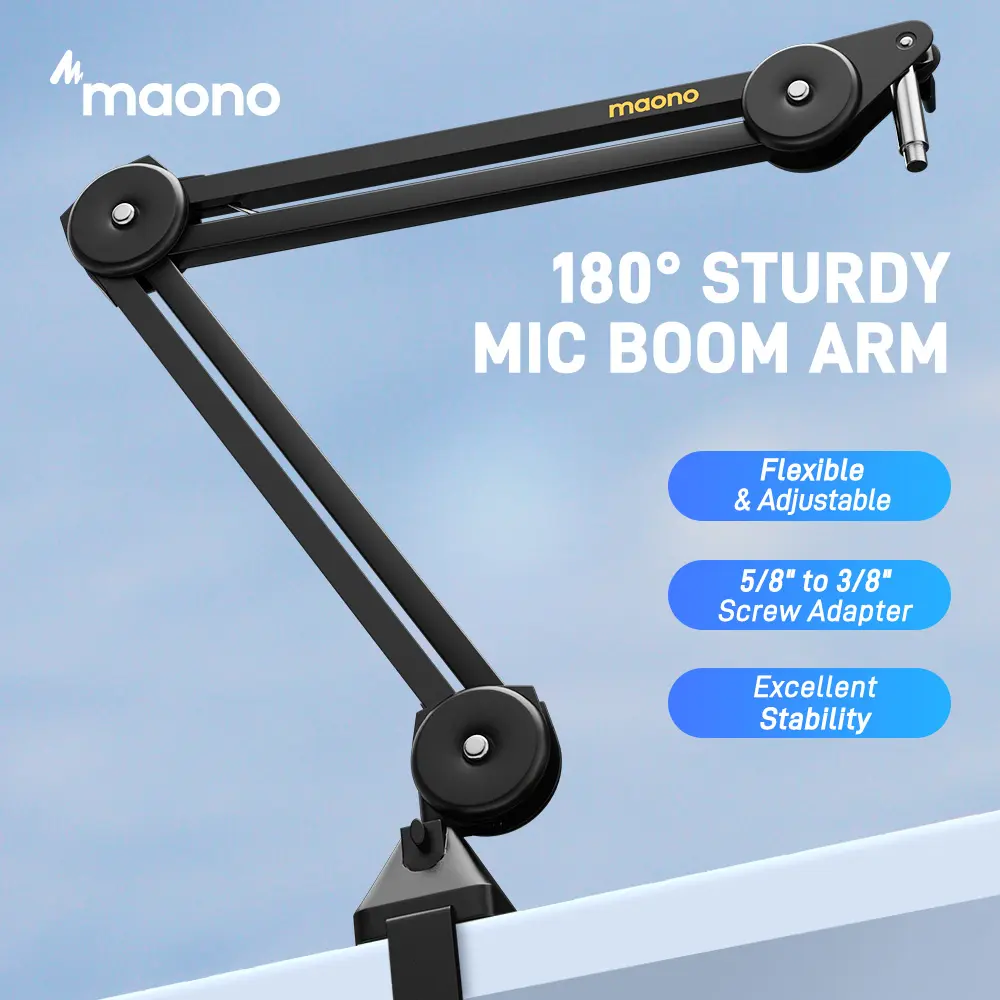 MAONO Adjustable Suspension Microphone Boom Arm Stand with Desk Clamp, 3/8"-to-5/8" Screw Adapter, Cable & Audio Tech Accessories for Podcasting, Streaming, Manufacturer Warranty Included