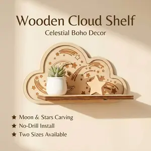 Hollowed-Out Cloud, Star, and Moon Wooden Wall Shelf - Stylish Wall-Mounted Storage Rack, Floating Shelves for Home Room Decoration Supplies
